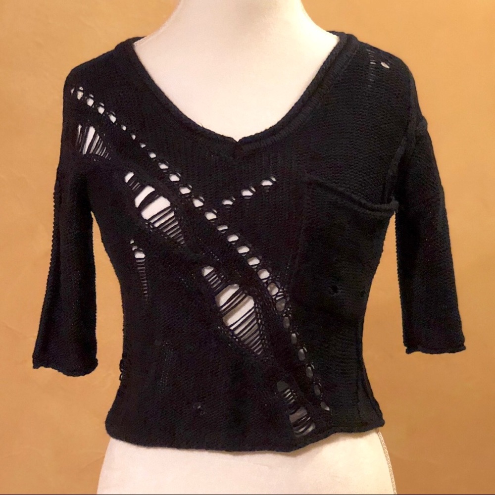 Material Girl Black Shredded Knit Cropped Sweater